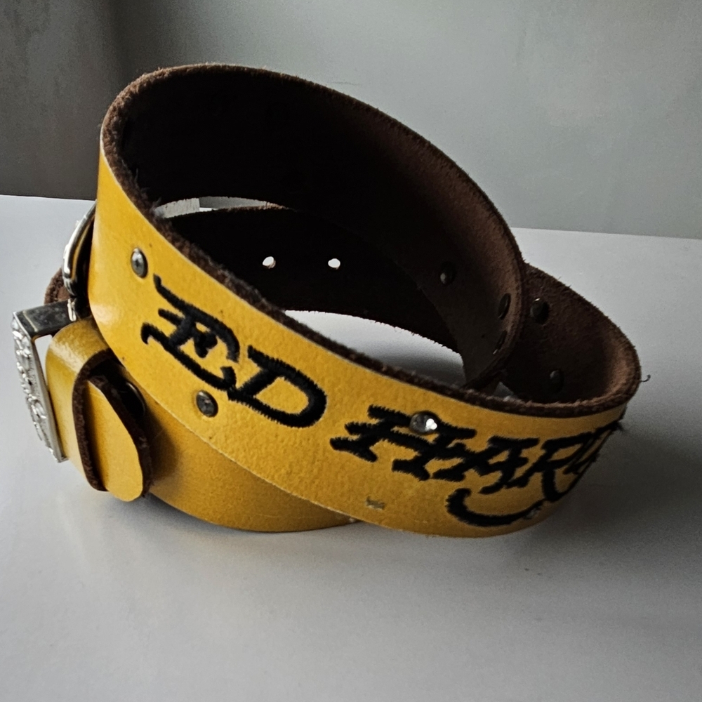 Ed Hardy Vintage Tattoo Mustard Yellow Death Or Glory Rinestone Leather Belt View 5